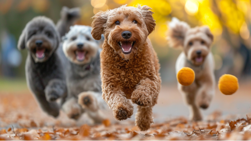 Cachorro Labradoodle brincando com outros