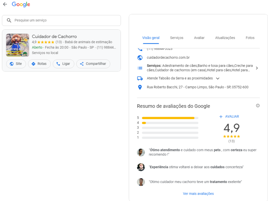 Avaliações no Google da Cuidador de Cachorro