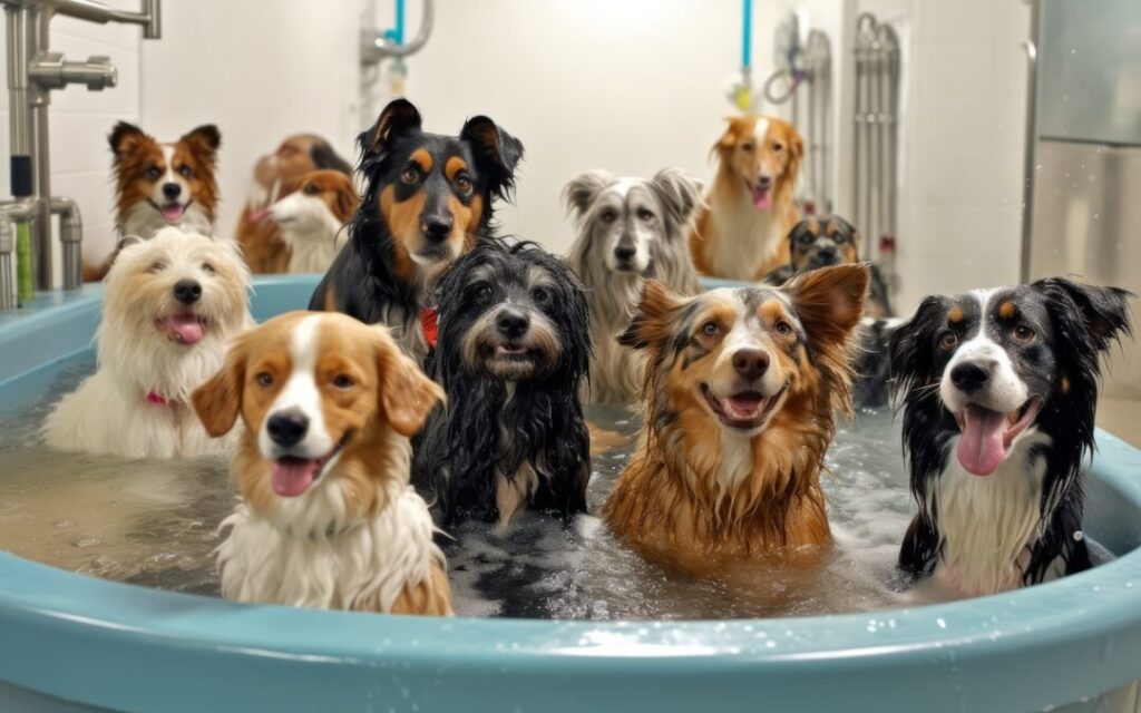 Cães brincando na banheira, todos sorrindo e se divertindo juntos