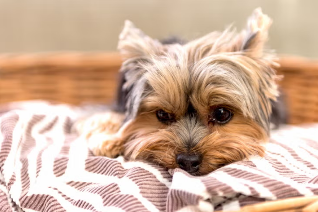 Yorkshire Terrier deitado em sua cama de cachorro