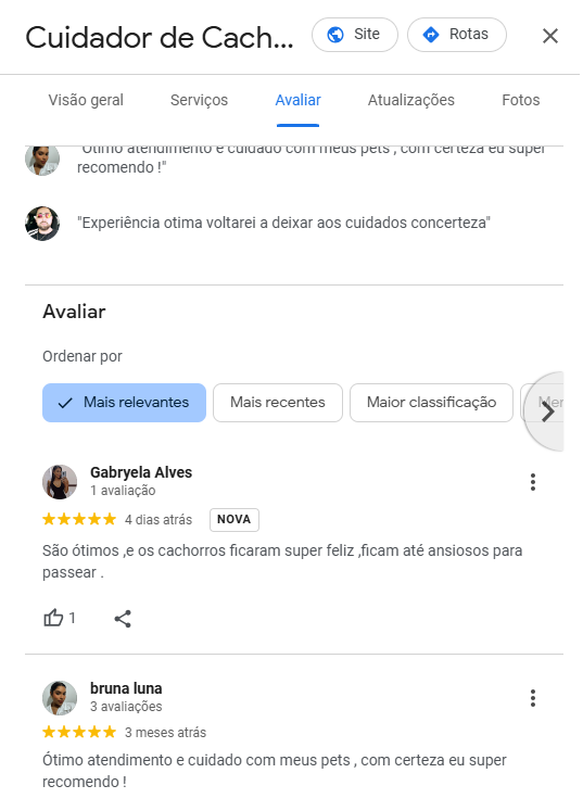 Avaliação no Google Cuidador de Cachorro