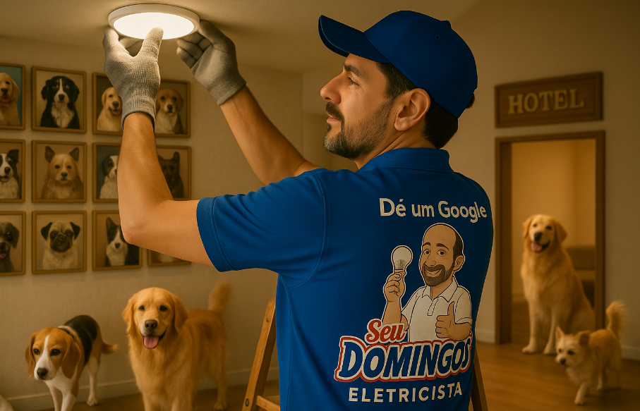 SEU DOMINGOS ELETRICISTA instalando as luminárias de LED no HOTEL CUIDADOR DE CACHORRO