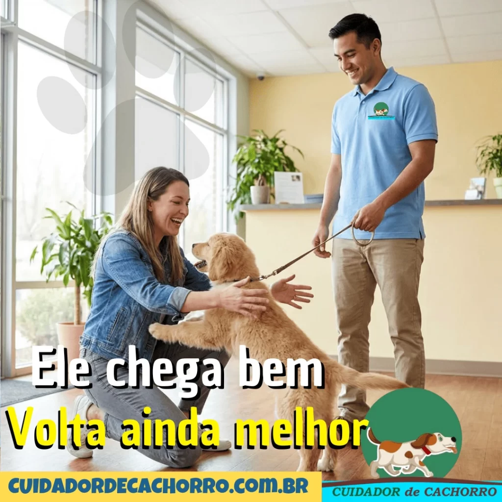Funcionário do Hotel-para-cachorro-na-Zona-Oeste-SP segurando um cachorro pela coleira na recepção enquanto a dona se aproxima para abraçar o pet, ambos sorridentes e felizes no momento da entrega.
