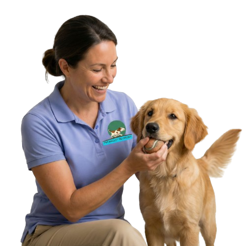 Mulher brincando com cachorro Golden Retriever no Hotel para Cachorro na Zona Oeste, recreação e cuidado para pets do Morumbi, Butantã, Taboão da Serra e Vila Andrade.