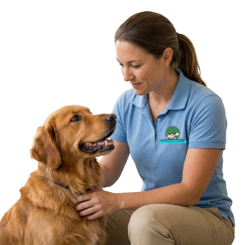 Mulher funcionária do Hotel para Cachorro na Zona Oeste dando carinho em um Golden Retriever, atendimento acolhedor para pets no Morumbi, Butantã, Taboão da Serra e Vila Andrade.