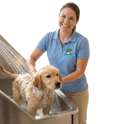 Mulher dando banho no cachorro filhote na banheira em hotel para cachorro na Zona Oeste de São Paulo, atendimento profissional perto do Morumbi, Butantã, Taboão da Serra e Vila Andrade.