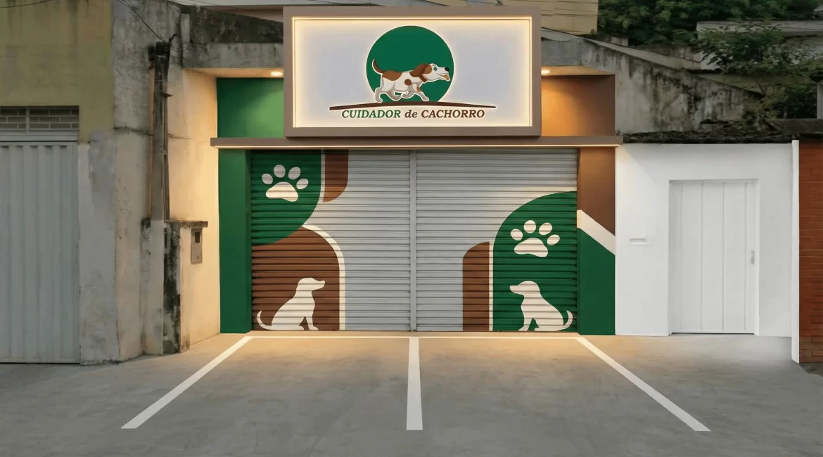 Fachada do hotel pet no Morumbi com entrada destacada e estrutura dedicada ao cuidado de cães.