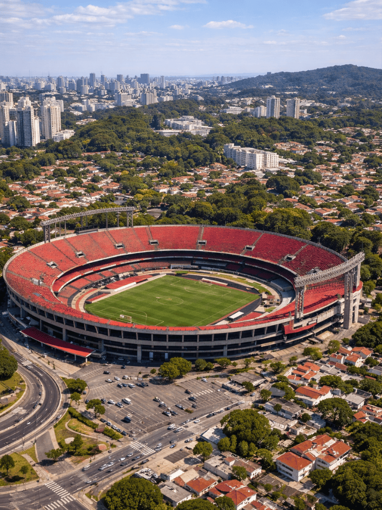 Vista aérea do Estádio do Morumbi em São Paulo com estrutura completa