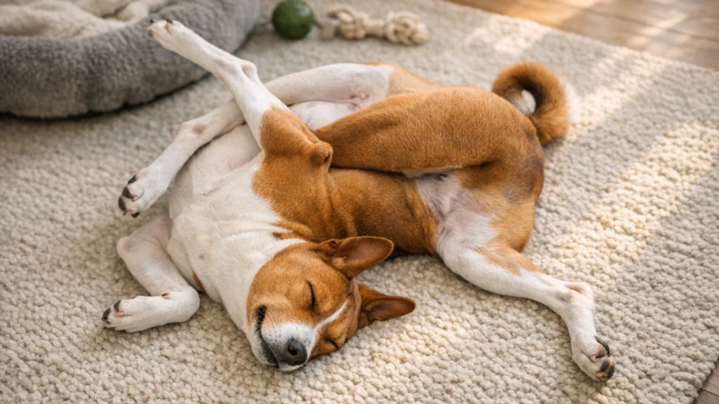 Cachorro relaxado deitado após brincadeira descansando em ambiente tranquilo
