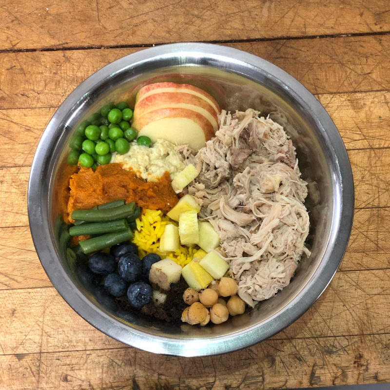 Prato de alimentação natural para cachorro com carne, legumes e arroz preparado de forma saudável